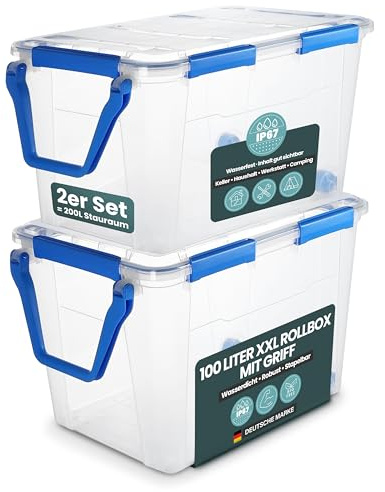 Kreher® Aufbewahrungsbox mit Deckel (100 Liter) – Wasserdichte Box stapelbar, Luftdichte Box BPA- & schadstofffrei, robuste Lagerboxen mit Silikondichtung, Kunstoffbox mit 6 Clips (2)
