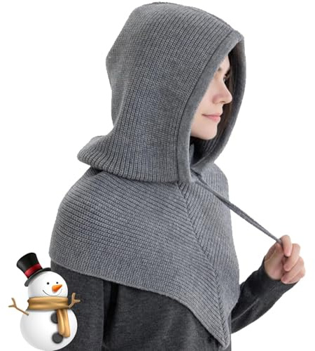 Winter-Sturmhaube, Hoodie, Schal für Damen, 2-in-1, Kapuzenschal, warm, Strickmütze, Halswärmer, Set mit Kordelzug, Grau (Mid Grey), Einheitsgröße