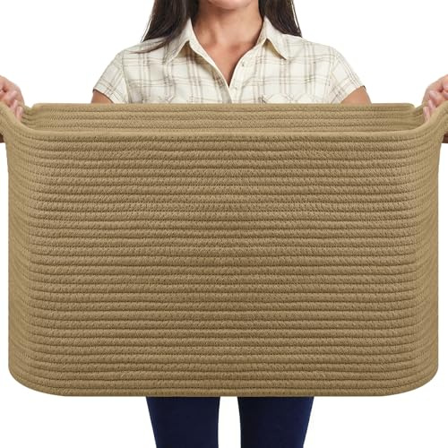 MOLMO Large Woven Storage Basket, 65L Laundry Hamper Tawny | Sturdy Cotton Rope Basket Holds Laundry, Toys, Blankets, Versatile for Any Room-Bedroom, Living Room, Kids' Room, Nursery