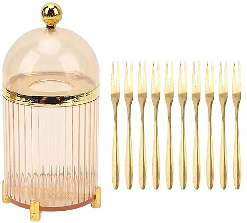 Lot de 10 fourchettes en acier inoxydable doré, 2 dents, pour dégustation, apéritif, salade de cocktail, fourchettes à fruits avec pot de rangement pour fête, voyage