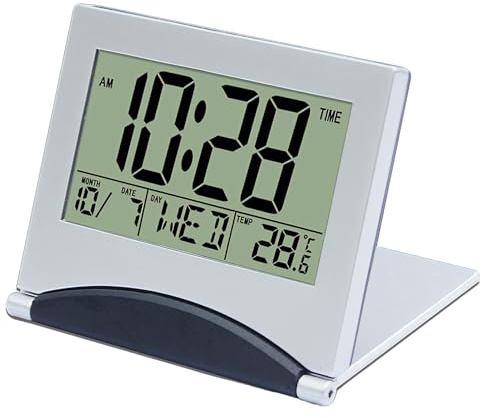 Digital Travel Alarm Clock Folding Portable Ultra-Thin Snooze 12/24H Date Temperature Birthday Reminder Countdown Function Battery Operated AAA Batteries Included(Take Off Insulating Sheet First)