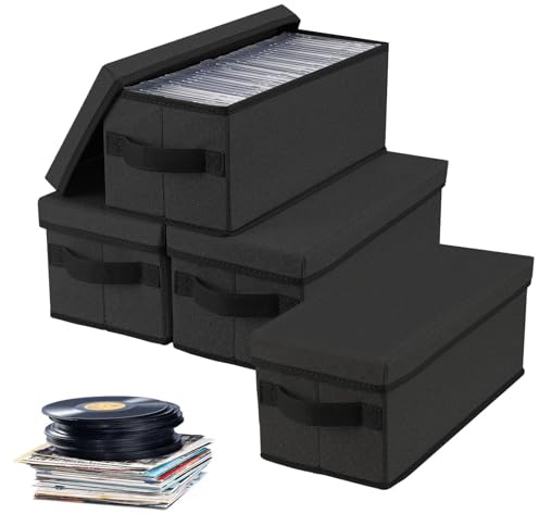 thirei Scatola Porta CD con Coperchio, Confezione da 4 Scatole per CD, 34 x 15 x 14,5 cm, Porta CD da Tavolo, Contenitore Porta DVD Impilabile (Nero)