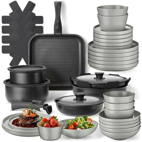 tectake® Set cucina 41 pezzi per 6 persone, stoviglie e pentole, 24 pcs tra piatti e ciotole, x microonde e lavastoviglie, 17 pcs tra padelle grill coperchi pentole manici removibili - Grigio/Nero