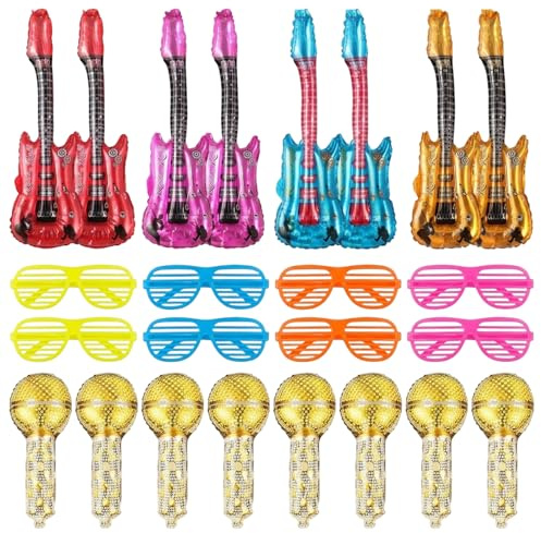 24 Piece Inflatable Guitars, Inflatable Instruments Set for Photobooth and Music Events, Inflatable Instruments Collection with Microphones and Glasses, Mamma Mia Party Decorations for and Adults