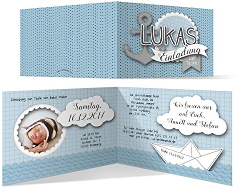 Sohn Taufe Einladungskarten individuell (30 Stück) - Origami Anker in Blau - Taufeinladung Taufkarten, DIN A6 Klappkarte mit eigenem Foto und Text