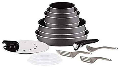 Tefal Ingenio Essential Batterie de cuisine 15 pièces, Poêles, Casseroles, Sauteuse, Couvercles, Spatules, Louche, 1 poignée, Tous feux sauf induction + four, Fabriqué en France, Gris Anthracite