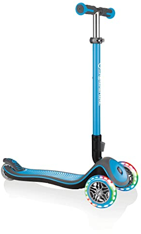 GLOBBER Elite Deluxe Lights – Tretroller Kinder, 120/80 mm, ABEC 5, 3-rädrig, höhenverstellbar, LED-Rollen, hellblau