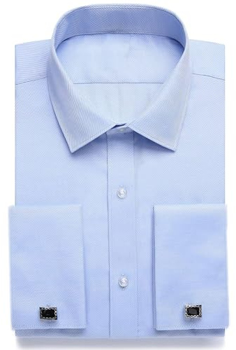 siliteelon Mens Double Cuff Long Sleeve Dress Shirts Cufflinks Included Color: Blue, Size: 19 Neck-37/38 Sleeve