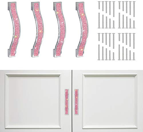 SAVORI Drawer Pulls Handle Bling Crystal Dresser Cupboard Closet Cabinet Wardrobe Door Furniture Handles Hardware Handle Pull for Home Kitchen Bathroom 4 Pack (11cm - 4 Pack, Pink)