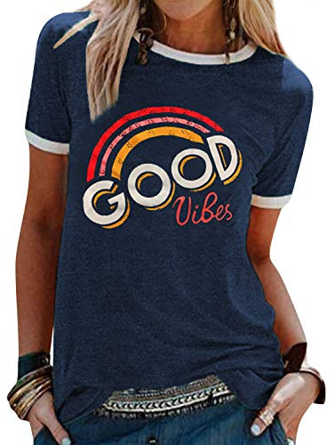 WIEIYM T-Shirt Damen Good Vibes Rundhals Kurzarm Sommer Regenbogen Oberteil | Lässiges Kurzarm Tee mit Regenbogen-Grafik und Good Vibes Print
