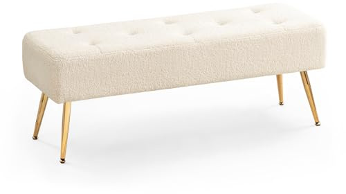 Furnimart Faux Fur Boho Bench Ottoman Upholstered Tufted Bench with Padded Seat, Footrest Foot Stool with Sturdy Metal Leg, for Bedroom Living Room Entryway