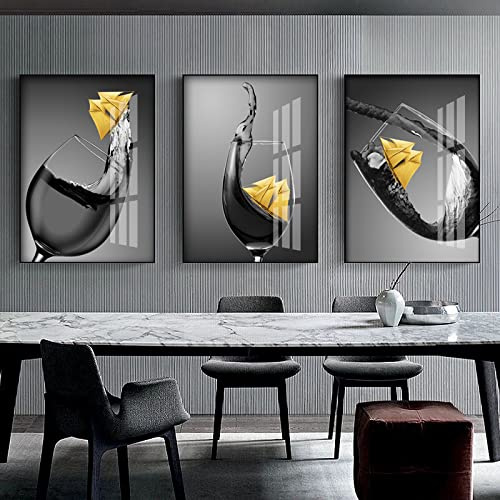 GVOZI Wall Art Canvas Prints Canvas Painting Black White Golden Boat In Wine Glass Wall Art Picture Living Room Kitchen Posters Modern Dining Room Decoration 50x70cm