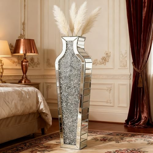 SHYFOY Crushed Diamond Floor Vase, Large Silver Mirror Tall Vases for Floor, Modern Luxury Glass Vases Home Decor for Living Room Bedroom Home Corner Indoor Office, 26.8 Tall