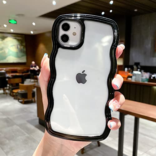 QLTYPRI Kompatibel mit iPhone 13 Hülle, iPhone 14 Transparent Case Aesthetic Curly Handyhülle Frauen Mädchen Girls Süßes Wellen Design Silikon TPU Bumper Schutzhülle - Schwarz