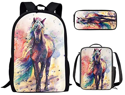 Kuiaobaty Schulranzen Set für Mädchen Jungen 3 in 1 Schultasche mit Lunchtasche Federmäppchen für Mittelschule, Pink Art Horse, Einheitsgröße, Tagesrucksäcke