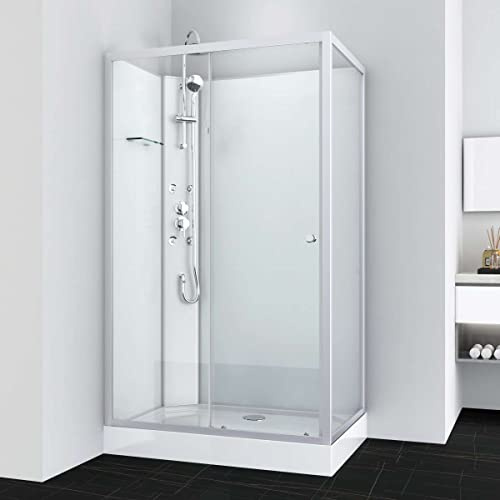 Sanotechnik Cabina de Ducha Completa Viva 2-120 x 80 x 225 cm – Puerta corredera, Cristal de Seguridad, Aluminio Cromado, chorros de Masaje, con Plato de Ducha, Cabina de Ducha Completa