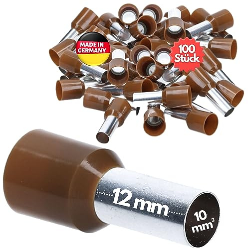 Kalitec 100x Terminali Isolati 10,0 mm² - Puntali a Bussola, Marrone | Puntali AWG 8 per cavi elettrici in rame stagnato, lunghezza 12 mm, certificati UL, ideali per crimpatura industriale