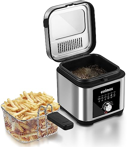 CUSIMAX Deep Fat Fryer, 2.5L Deep Fryer with Viewing Window, 1200W Countertop Fryer with Safety Handle, 140-190°C Adjustable Temperature Control, Removable Lid with Filter, Stainless Steel Basket
