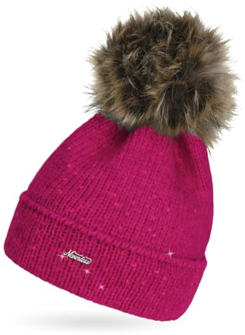 Neverless® Damen Strick-Mütze mit Fellbommel und Innenfutter Fleece Kunstfell Bommelmütze Glitzer-Effekt Umschlag