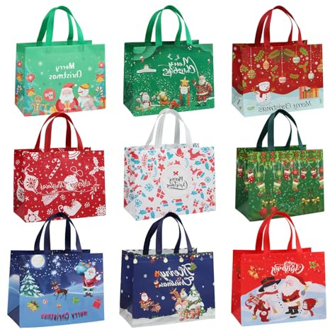 Octonyluck 9 Stück Geschenktüten Weihnachten Groß, Non Woven Weihnachtstaschen Weihnachtstüten mit Griffen, Wiederverwendbare Weihnachtsgeschenktüten, Weihnachts Geschenktüten, 32.5 x 25 x 17 cm