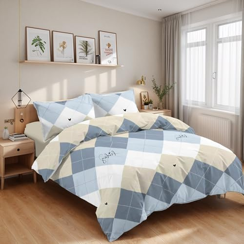 Etrexonline Juego de Funda Nórdica 4 Piezas Cama 150 Microfibra Suave Transpirable - 1 Funda Edredón 240x220 cm, 1 Bajera 150x200+28 cm y 2 Fundas de Almohada 50x90 cm (Cuadro Azul y Beige)