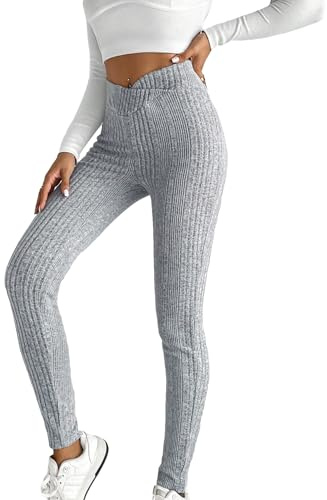 WDIRARA Women's Elastic Waist Leggings Ribbed Knit Casual Long Pants Light Grey Small