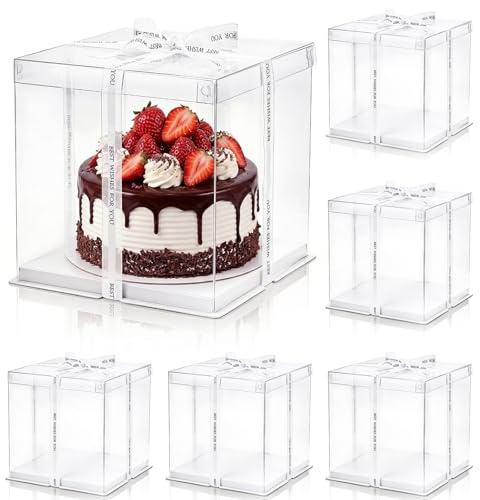 Cididu 6 Pcs Clear Cake Box with Ribbon, 2-Layer Tall Cake Packaging Boxes 8x8x9 Inch, PET Cake Carrier Transport Container for Tiered Cakes, Transparent Gift Display Boxes with Lid for Birthday Party