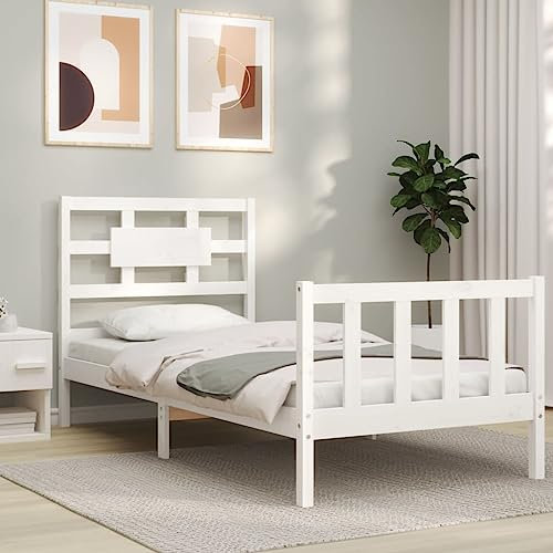 Camerina Massivholzbett mit Kopfteil Bettgestell Bed Frame Holzbett Kopfteil Bett Schlafzimmer Bett Massivholzbetten Weiß 90x200 cm 3192542