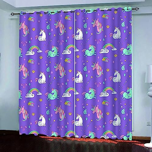 Schattierung Vorhänge 2Er Set 3D Lila Einhorn-Regenbogen Druck Isolierung Schalldichte Kinder Gardinen Blickdicht Mit Ösen Vorhang Fenster Für Wohnz