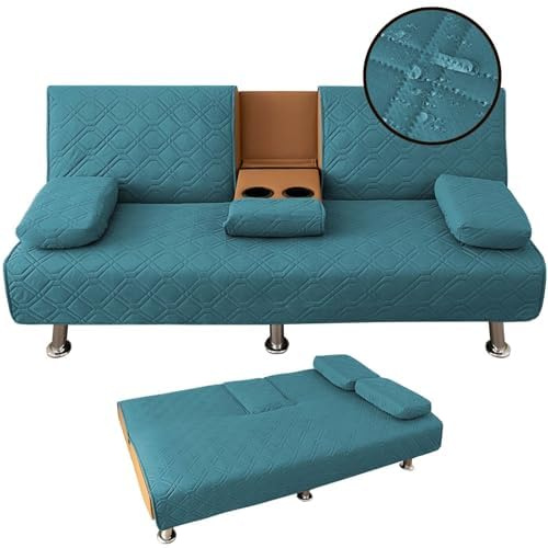 SYLC 4-Piece Waterproof Click Clack Sofa Bed Cover - 3 Seater, Quilted Convertible Folding Futon Cover with 2 Removable Armrests and 1 Cup Holder (Teal, 1 Set)