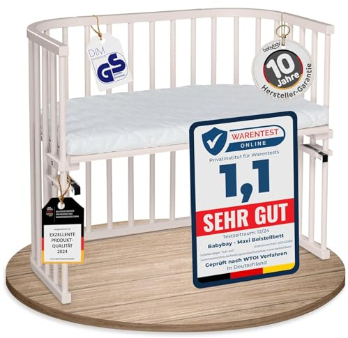 babybay Maxi extra großes Beistellbett aus massivem Buchenholz/Kinderbett Höhe stufenlos verstellbar & umweltfreundlich/mit Matratze Classic Soft (beige lackiert)