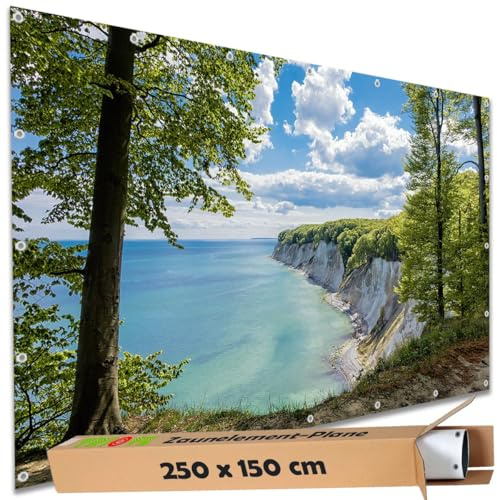 TRIOSK Sichtschutz Garten Deko Zaun Plane Blickdicht groß mit Zaunblende Motiv Ostsee Kreidefelsen Rügen für Balkon Terrasse Zaunelement Doppelstabmatten Gartenzaun PVC 250x150 cm