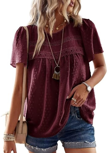 TUUHAW Camicia Donna Girocollo Casual T-Shirt Manica Corta Pizzo Oversize Maglie Estiva Boho Maglietta Elegante Taglie Forti Blusa Shirt Rosso Granato XL