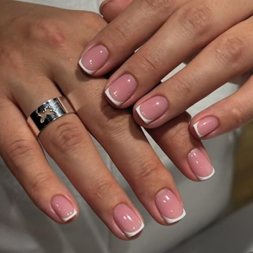 24PCS Short Square False Nails - French Tip Stick on Nails - Short Press on nails - Pink Fake Nails with Glue - 12 Sizes Full Cover French nails Glue on for Women Girls DIY Manicure Long Lasting