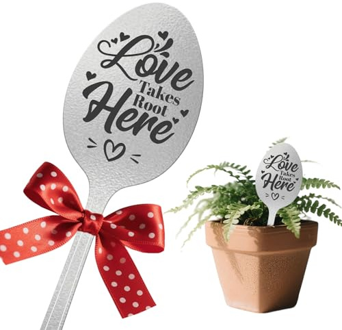 CUTHOLLOW Marcatori per piante da giardino Love Takes Root Here, set di 2 targhette in metallo a forma di cucchiaio, impermeabili per esterni, regalo di amicizia per giardiniere, etichette decorative