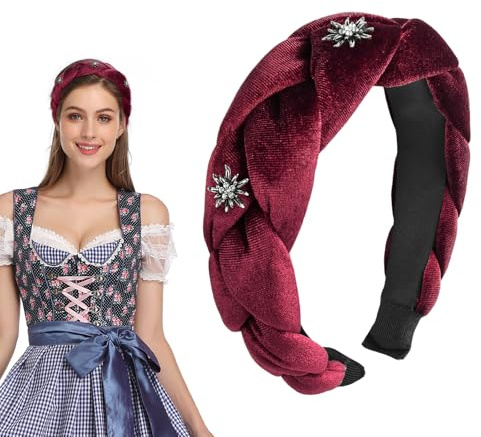 Haarreif Tracht Damen, Dirndl Haarreifen Vintage Geflochtener Stirnband für Damen, Haarreifen Oktoberfest mit Edelweiß, Trachten Haarschmuck Haarreif für Frauen Mädchen (Weinrot, 1)