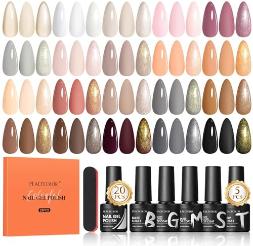 PEACECOLOR Vernis Semi Permanent, 25PCS Blanc Nude Rose Marron Noir Pailleté Couleurs Vernis à Ongles avce Base Coat et Top Coat Matte, Soak Off UV/LED Vernis à Ongles pour Nail Art DIY Home