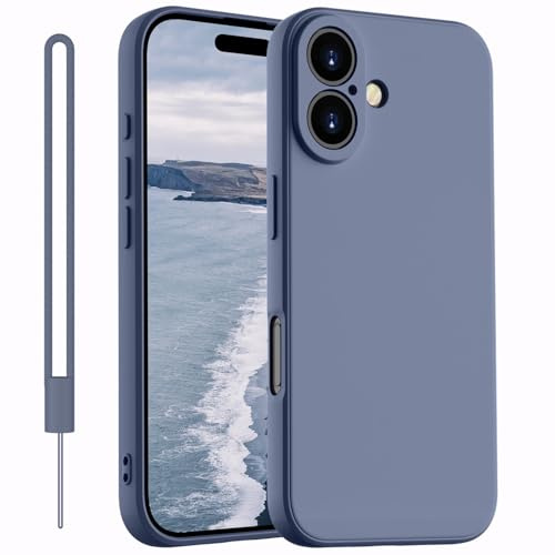 Kukiwhy für iPhone 16 Hülle Silikon, Blau Grau | Dünne mit Microfiber Hanyhülle für iPhone 16 aus flüssigem Silikon mit Kameraschutz, Kratzfeste und stoßfeste Schutzhülle