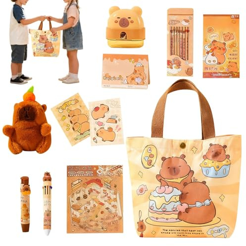 Capibara-tema skolmaterial, 8 stycken pennor med canvasväska - Capibara-pennor - för student och klassrum och hem och studier och påsk och jul och födelsedagsfest