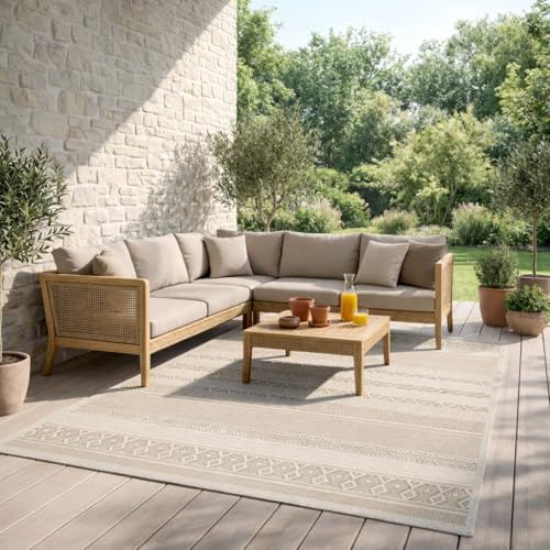 Mia´s Teppiche Denver robuster Outdoor Teppich, modern, Wetterfest & UV-beständig, für Balkon, Terrasse und Wintergarten, flach, auch für Küche oder Esszimmer, Beige, 67 x 180 cm