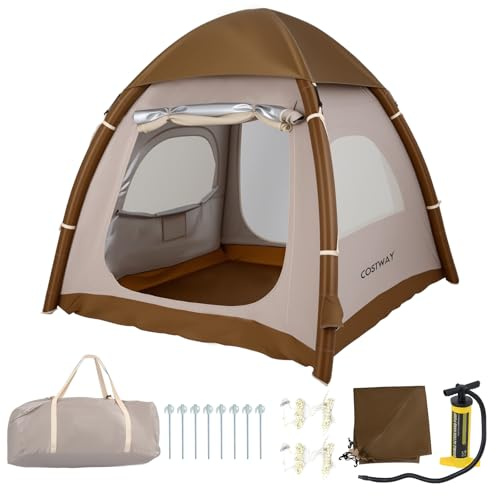 COSTWAY Aufblasbares Campingzelt für 2-4 Personen, wasserfestes Luftzelt mit Dachfenster, 2 Türen & Netzfenstern, Familienzelt inkl. Tragetasche & Luftpumpe, für Camping & Wandern, 208 x 208 x 196cm