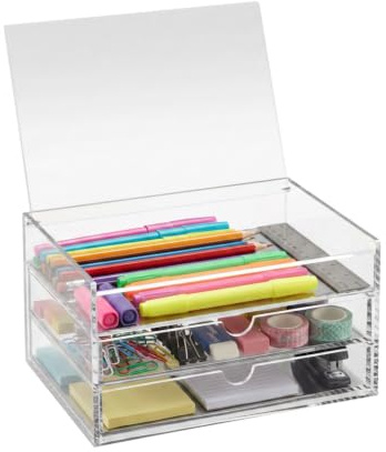 OSCO Klar akryl 3 lådor kista med flip-up-lock | stiftförvaring | smycken | pappersklämmor | kritor | korta pennor | litet kontorsmaterial | H 10 x B 19 x D14 cm |