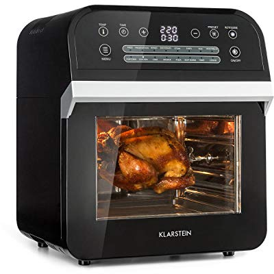 Klarstein AeroVital Cube - Freidora de aire caliente sin aceite, Sistema 3D Heating, 1600W, 12L, 16 programas, Tecnología Highspeed-convection, Programable, 50-230°C, 5 piezas, Negro