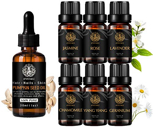 Aromaterapia gelsomino Olio Essenziale Set con dell'olio dell'elemento portante per massaggi, 100% Pure semi di zucca Olio, 7x10ml 100% Pure Rose oli Set - Lavanda, Geranio, Ylang Ylang, camomilla oli