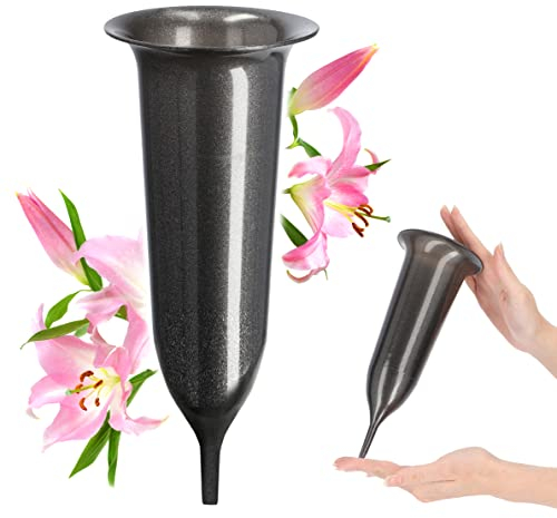 Kadax Vaso per Tomba, Plastica per Fiori, Resistente alle Intemperie, Plug-in a Prova di Gelo per Decorazioni Cimiteriali (10 cm, con Punta per Terra, Grafite)