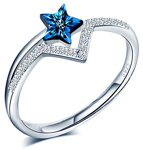 CPSLOVE Damen Mädchen Ringe, 925 Silber ringe, Blauer Kristall stern ringe, Eingelegter Zirkon, Ringe öffnen, Einstellbare Größe, Hochzeitsring, Verlobungsring, Geeigneter Fingerumfang: 49-57mm