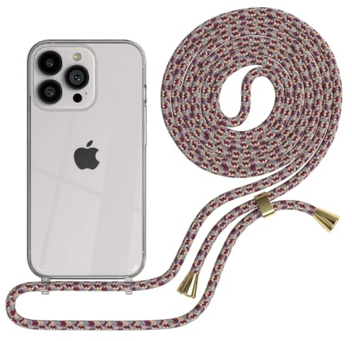 EAZY CASE Handykette kompatibel mit iPhone 13 Pro Handyhülle mit Umhängeband, Handykordel mit Schutzhülle, Silikonhülle, Hülle mit Band, Stylische Kette für Smartphones, Rot Camouflage