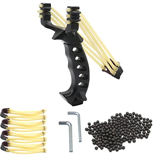 AUVIM Steinschleuder Set Hochgeschwindigkeits-Jagd Schleuder Katapult-Schleuder mit 200 Munitionsbällen und 4 Gummibändern für Kinder/Kinder/Erwachsene im Freien (Black)