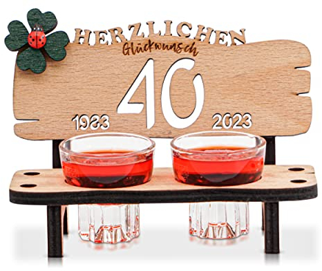 DARO Design SCHNAPSBANK – Schnapsbank mit gravur aus Buche, inkl. 2 Arcoroc Schnapsgläsern, Kleeblatt & Jahreszahlen – Geschenk zum Jubiläum, Geburtstag oder Hochzeit – 40 Jahre