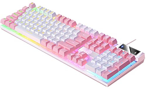 KOZEEY Clavier de Jeu Mécanique USB RGB Rétro-éclairé LED Effets D'éclairage pour Bureau de Jeu D'ordinateur PC, Rose Blanc
